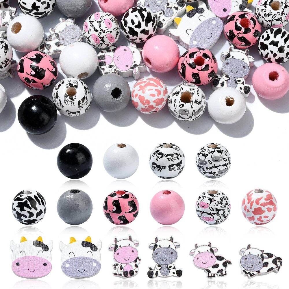 4997 100Pcs Pink Dairy Cattle Theme Wood Beads Dairy Cow Beads Printed